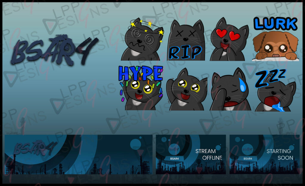 Individuelle Twitch Designs in Blau mit Katzen Emotes und Szenen