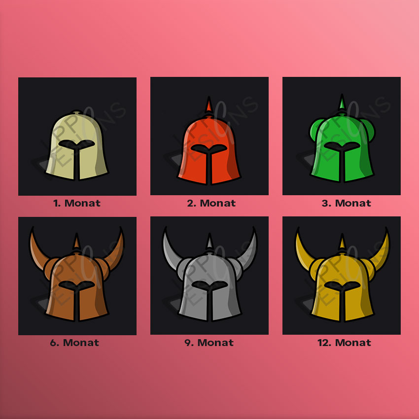 Mittelalterliche Helme für Ritter als Twitch Badges in verschiedenen Farben